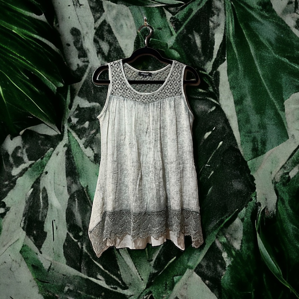 Papa Vancouver Acid Wash Sage Green SleevelessTop with Lace Accents